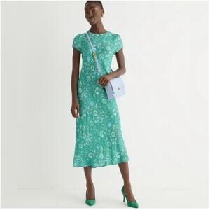 J Crew Gwyneth Cupro Blend Slip Dress Size XS Green Marigold Blooms Short Sleeve